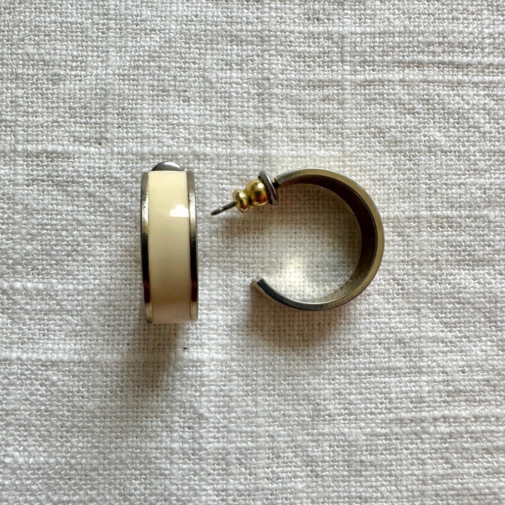Vintage Cream Enamel Hoop Earrings Gold Tone Small Hoop Earrings Women 90s